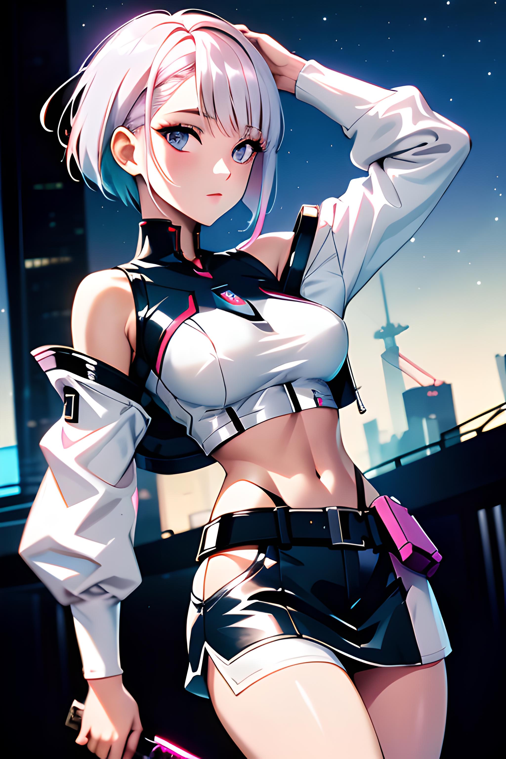 Anime girl with a sword and a white shirt and black shorts - SeaArt AI