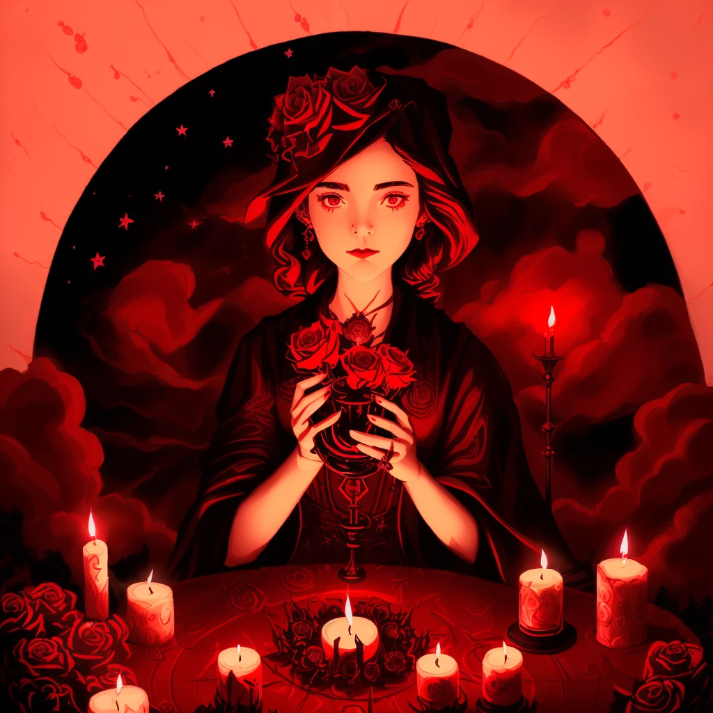 ((Cultist Simulator, masterpiece, best quality, detailed, absuredres)), red moon, ((girl, woman, female wizard:1.6, 1girl, closeup)), night, stars, clouds, candles, candle fire, (expressionism, painting, paint strokes, simple, simplistic style), roses, flowers 