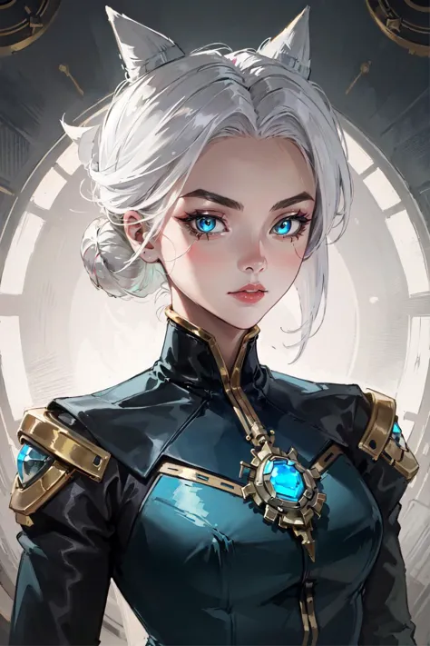 camille \(league of legends\), 1girl, body suit, white hair, single hair bun, detailed face, looking at viewer, upper body, steampunk, (masterpiece:1.2, best quality)