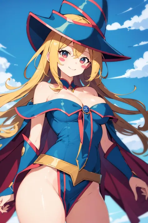 <lora:cutefires_style:0.8>,((masterpiece,best quality)), absurdres, <lora:dark_magician_girl_v1:0.6>, hmdmg1, wizard hat, blush, blush stickers, cleavage, bare shoulders, dress, off shoulder, solo, smiling, looking at viewer, cowboy shot, cinematic composi...