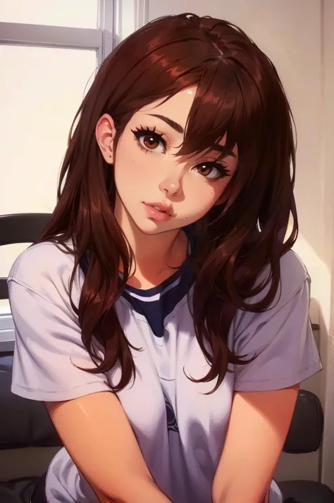 anime girl with long brown hair sitting on a chair