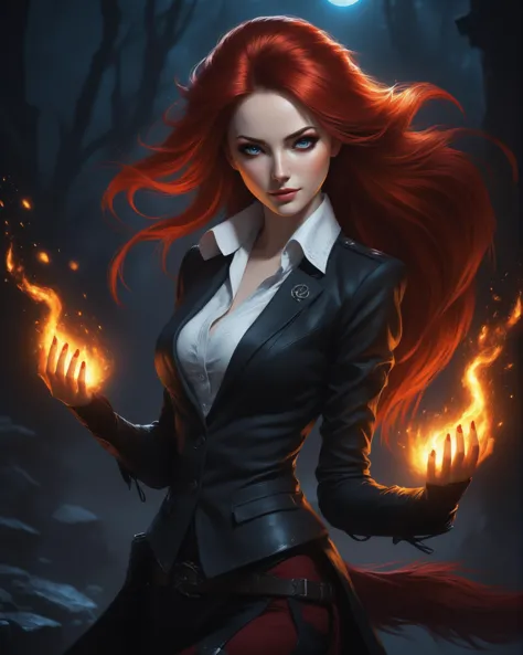 a woman with red hair and a black jacket holding a glowing hand