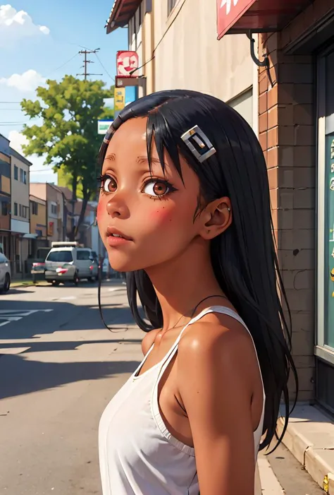 anime girl with black hair and white tank top standing on the street