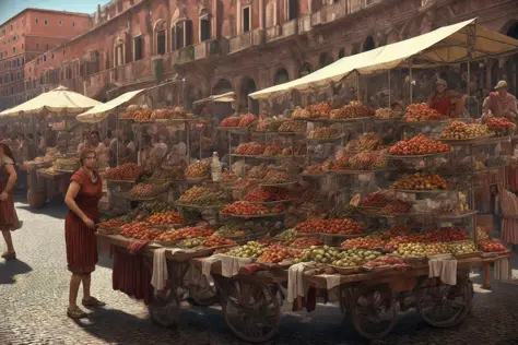 fantrome, the city of rome, roman city, street vendors, realistic, intricate, highly detailed