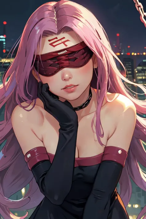 (masterpiece, top quality, best quality, beautiful and aesthetic:1.2), extremely detailed, stylish ungle,
1girl, pink hair,(blindfold:1.6),dress,breasts, long hair, solo, medusa (fate), cleavage, large breasts, medusa (rider) (fate), facial mark, strapless, forehead mark, looking at viewer, purple hair, gloves, very long hair, dress, strapless dress, simple background, elbow gloves,  <lora:medusa:1>   swinging the chains, night, city, neon sign,