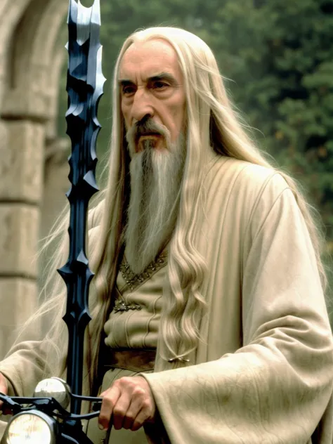 arafed man with long white hair and a beard holding a sword