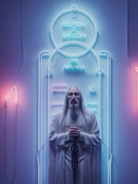 a man with a long beard standing in a doorway with neon lights