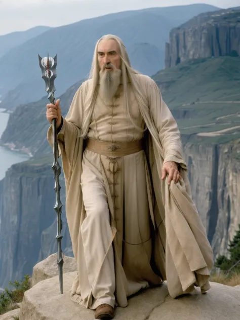 a close up of a man with a long beard and a long robe holding a staff