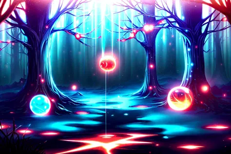 lots of small details, soft colors, photorealistic, volumetric lighting, scifi, ecto a willow tree, orbs, galaxy background, mote lights, magical energy, glass orbs, flower pedals, cherry tree, lightning, glowing, forest, ((GlowingRunes_red orbs):1.1), flower, luminescent grass, aroura borealis, sunset,
