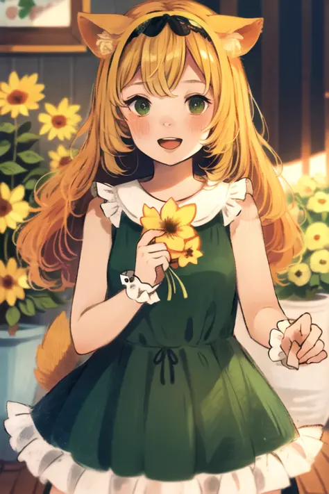 1girl, :d, animal ear fluff, animal ears, bangs, black hairband, blonde hair, blurry, blurry background, depth of field, dress, flower, flower pot, frilled dress, frills, green dress, green eyes, hairband, holding, long hair, open mouth, pink flower, plant, potted plant, sketch, sleeveless, sleeveless dress, smile, solo, tail, wrist cuffs, yellow flower