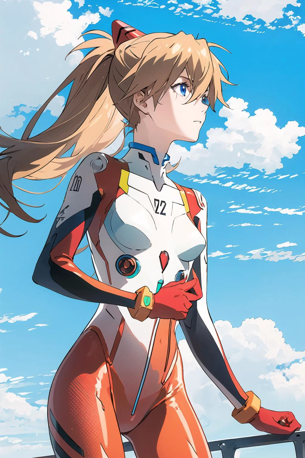 asuka langley soryu,blue eyes,orange hair,hair between eyes,headgear,interface headset,orange hair,pilot suit,bodysuit,plugsuit,(red bodysuit:1.5),looking_at_viewer,extremely detailed CG,cowboy_shot,break outdoors,blue sky,neon genesis evangelion,cloud,, masterpiece,best quality,highres,ultra high res,(abstract art:1.2),2d,(highlydetailed),(colorful),(intenseexpression),(fashionable),