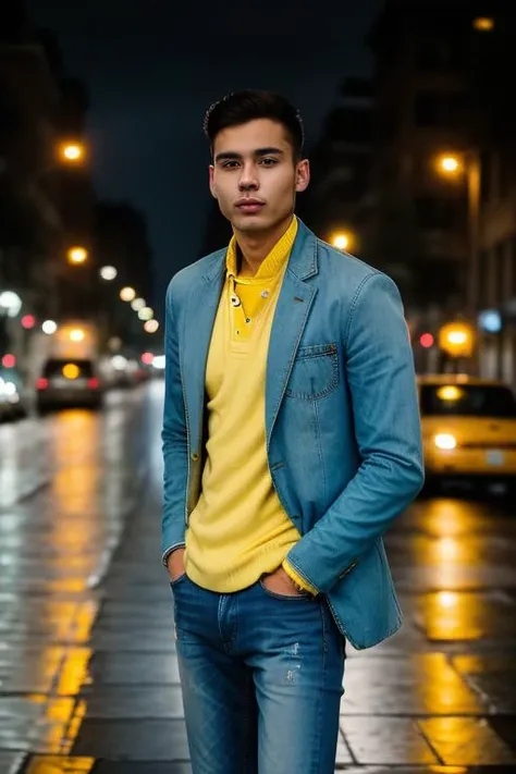 Blue jacket yellow shirt best sale