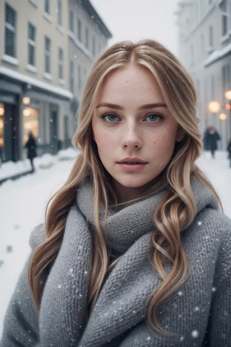 professional portrait photograph of a gorgeous Norwegian girl in winter clothing with long wavy blonde hair, sultry flirty look, (freckles), gorgeous symmetrical face, cute natural makeup, wearing elegant warm winter fashion clothing, ((standing outside in...