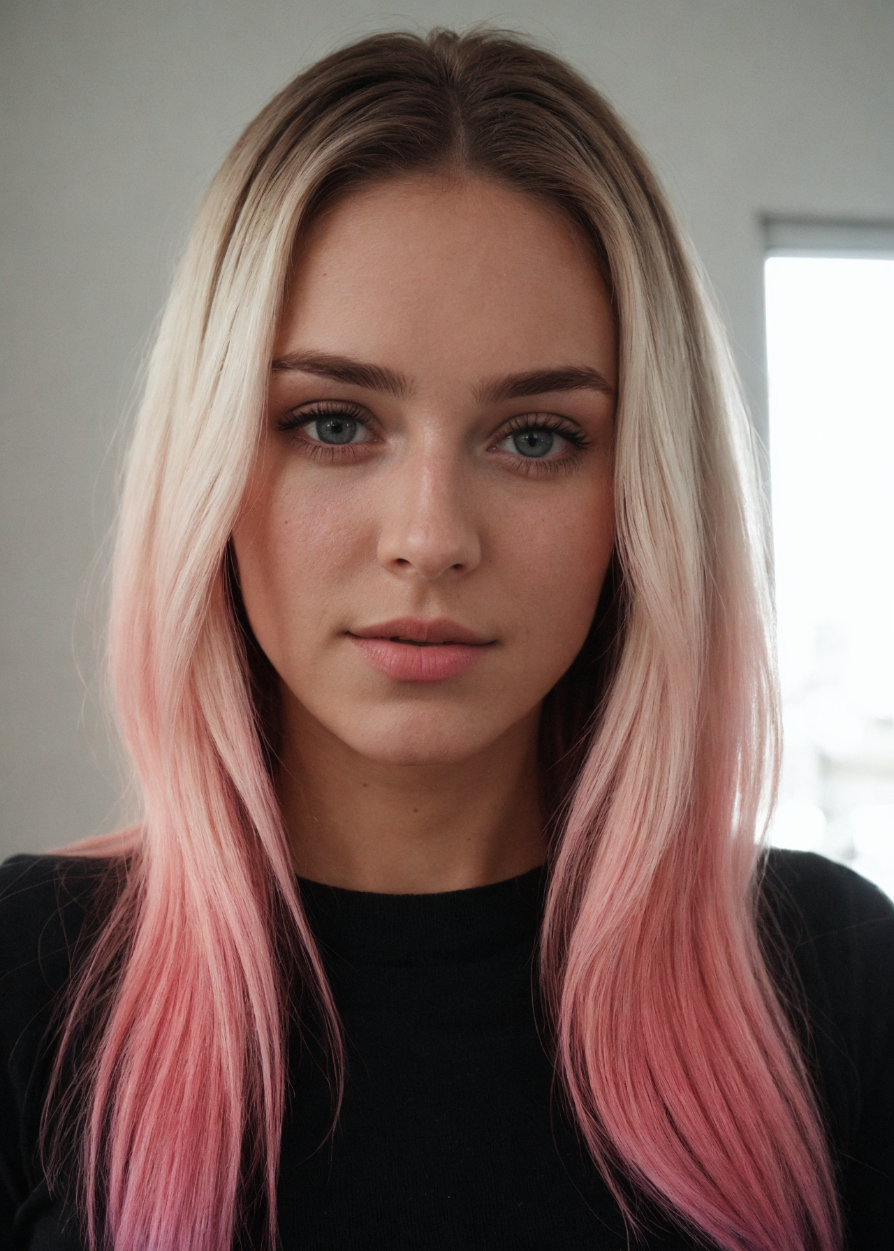 A woman with pink hair and blue eyes looks at the camera - SeaArt AI