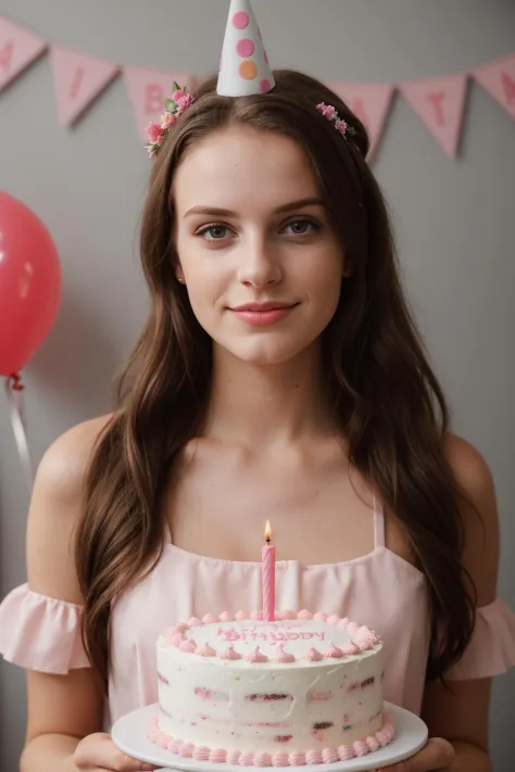 photo of a young woman, birthday party, cake