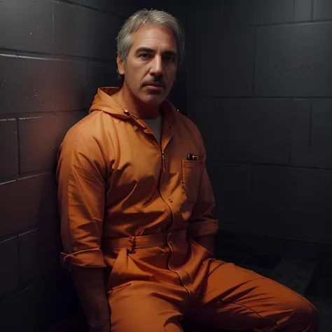 Jeffrey Epstein wearing an ((orange jumpsuit)), (((sitting in a prison cell))), iron bars, sharp focus, ((wide angle 35mm)), (at...