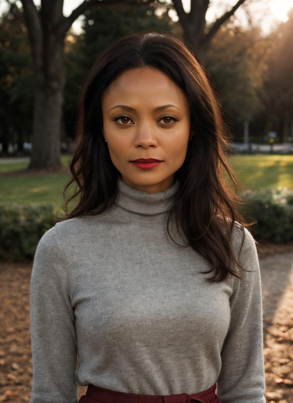 A close up of a woman in a gray turtle neck sweater and red belt - SeaArt AI