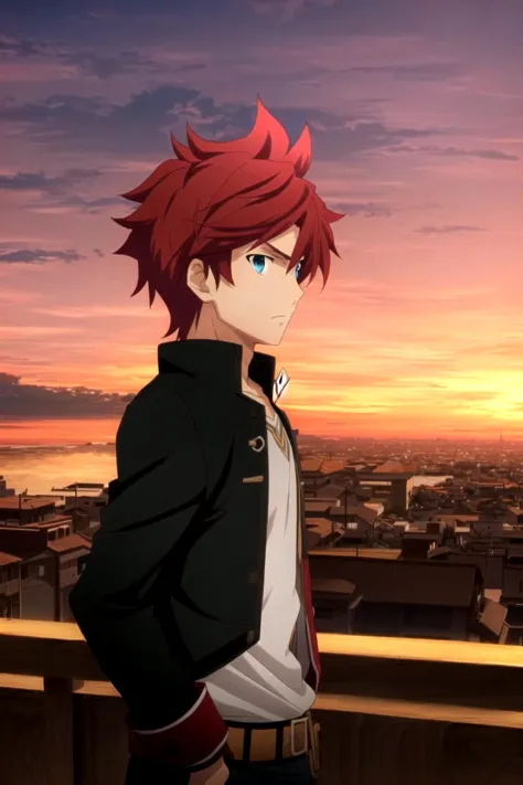 ufotable style, 1boy, hand in pocket, from side, looking at viewer, messy hair, sunset, cityscape, expressionless, upper body, r...