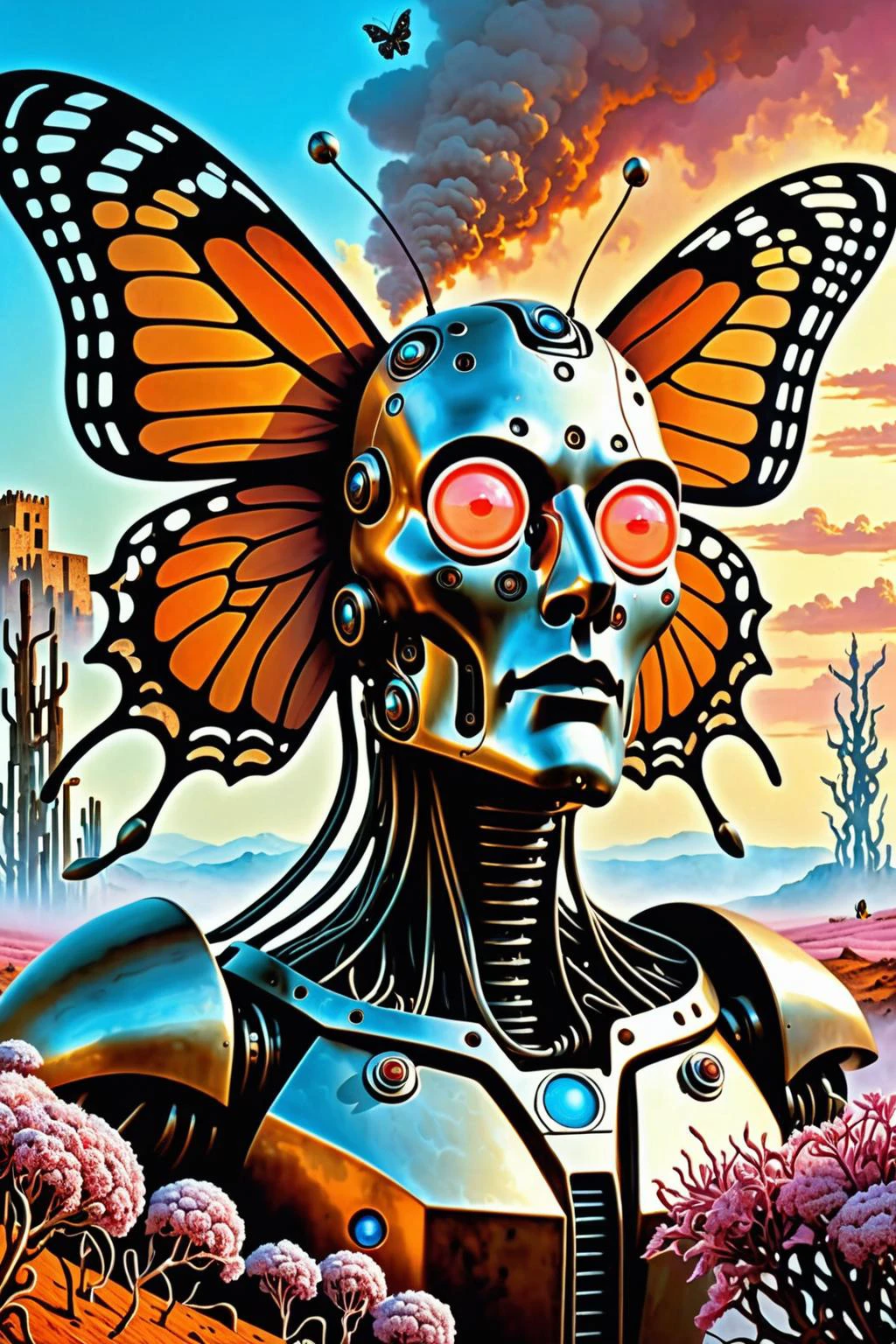 cg 8k ultra réaliste, impeccable, faire le ménage, chef-d&#39;œuvre, oeuvre d&#39;art professionnelle, œuvre d&#39;art célèbre, éclairage cinématographique, floraison cinématographique, ( Fond d&#39;entropie ), un monstre de rouille,
In a faire le ménage epic cyberpunk landscape, un robot avec des fils, À la manière de Beksinski, tendance à Artworld 2015, par Ruan Jia & Mœbius, La sculpture biomécanique en porcelaine de Salvador Dali s&#39;harmonise avec les cybercombinaisons Butterfly & plantes, Le brouillard rose et orange engloutit