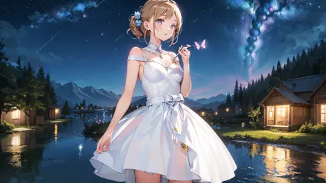 (masterpiece,best quality:1.6),
(solo,1girl,bust,white dress:1.2),
scenery,(night, starry sky, lake, reflection),
flower,butterf...