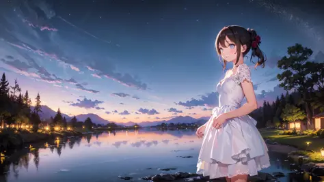 (masterpiece,best quality:1.6),
(solo,1girl,bust,white dress:1.2),
scenery,(night, starry sky, lake, reflection),
flower,butterf...