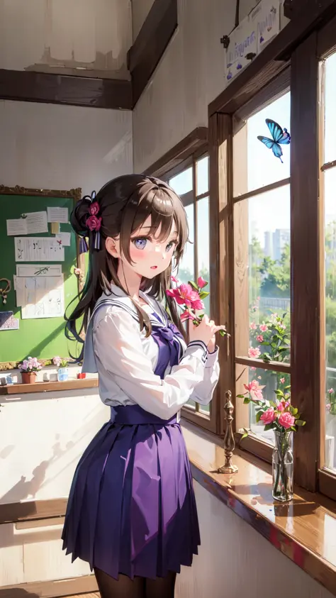 (masterpiece,best quality:1.6),
(solo,1girl,bust:1.2),
scenery,(school, classroom, student uniforms),
flower,butterfly,