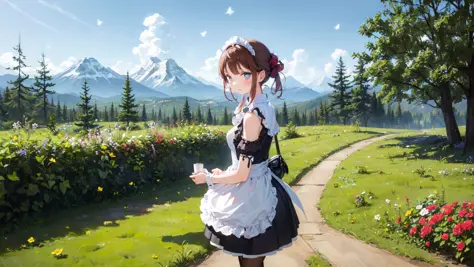 (masterpiece,best quality:1.6),
(solo,1girl,bust:1.2),
scenery,(mountain, maid,),
flower,butterfly,