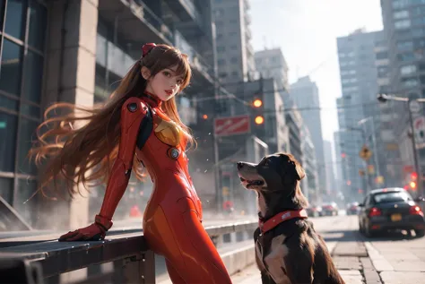 there is a woman in a red suit and a dog on a city street