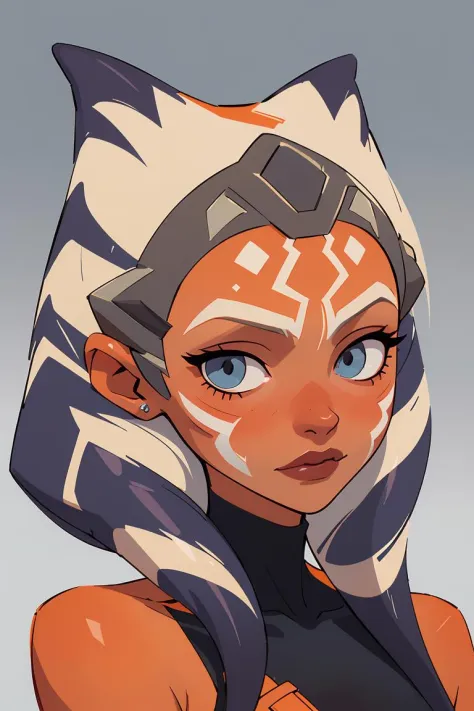 (masterpiece, best quality), 1girl, beautiful face,   ahsoka_tano, orange skin, facial mark, tattoo