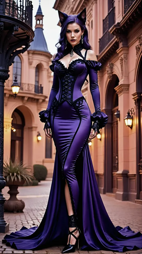 a woman in a purple dress and black cat ears is posing