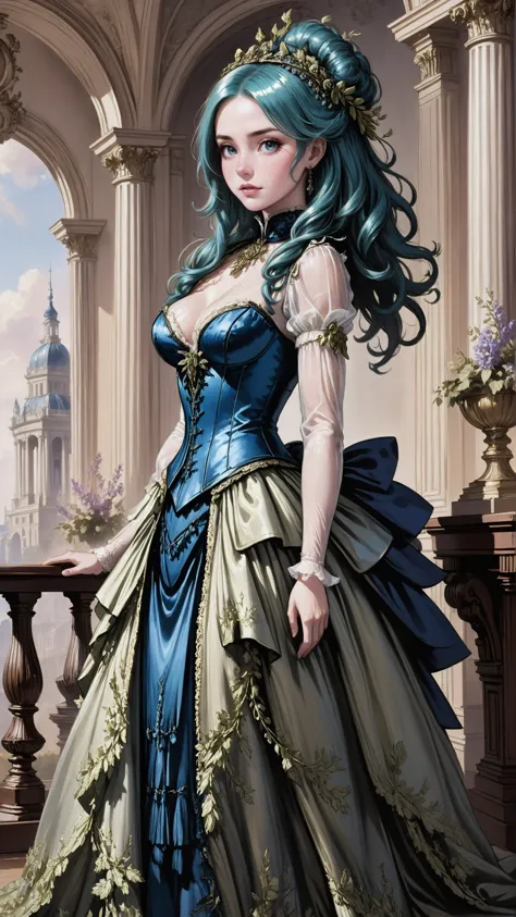 1girl, woman, indigo skin, Wisteria creature, see-through gossamer, bombshell hair, glimmering color:lime and aqua hair, U-cut, soft body, wide hips, narrow waist, large breasts, japanese, victorian ballroom mini-dress, thighhighs, blush, naughty smile, mouth closed, morning, blue sky, clouds, scenery, "at the Metallic infinite Observatory"<lora:EnvyBetterHiresFixXL01:0@0,0@.49,1@.5:hr=1><lora:EnvyBallroomDressXL01:1>