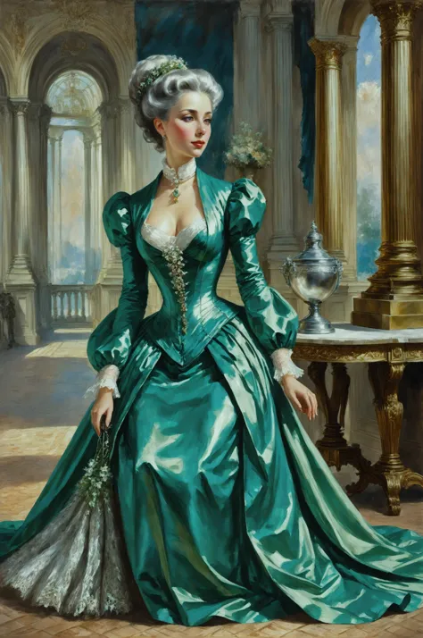 victorian oil painting, 1girl, woman, (clockwork steel bot:1.3), pose, lying on ground,scarf, (long dress:1.2) [:casual costume design:0.2], bombshell hair, reflective color:limegreen metal hair, pointy hair, small breasts, narrow waist, tall, slim perfect hourglass figure,(muscular legs:0.25), skindentation, caucasian, victorian ballroom dress, blush, naughty smile, mouth closed, Black Market Bazaar for Illegal Tech \(room\) <lora:EnvyBetterHiresFixXL01:0@0,0@.49,1@.5:hr=1><lora:EnvyBallroomDressXL01:1><lora:EnvyAnimeOilXL01:1>