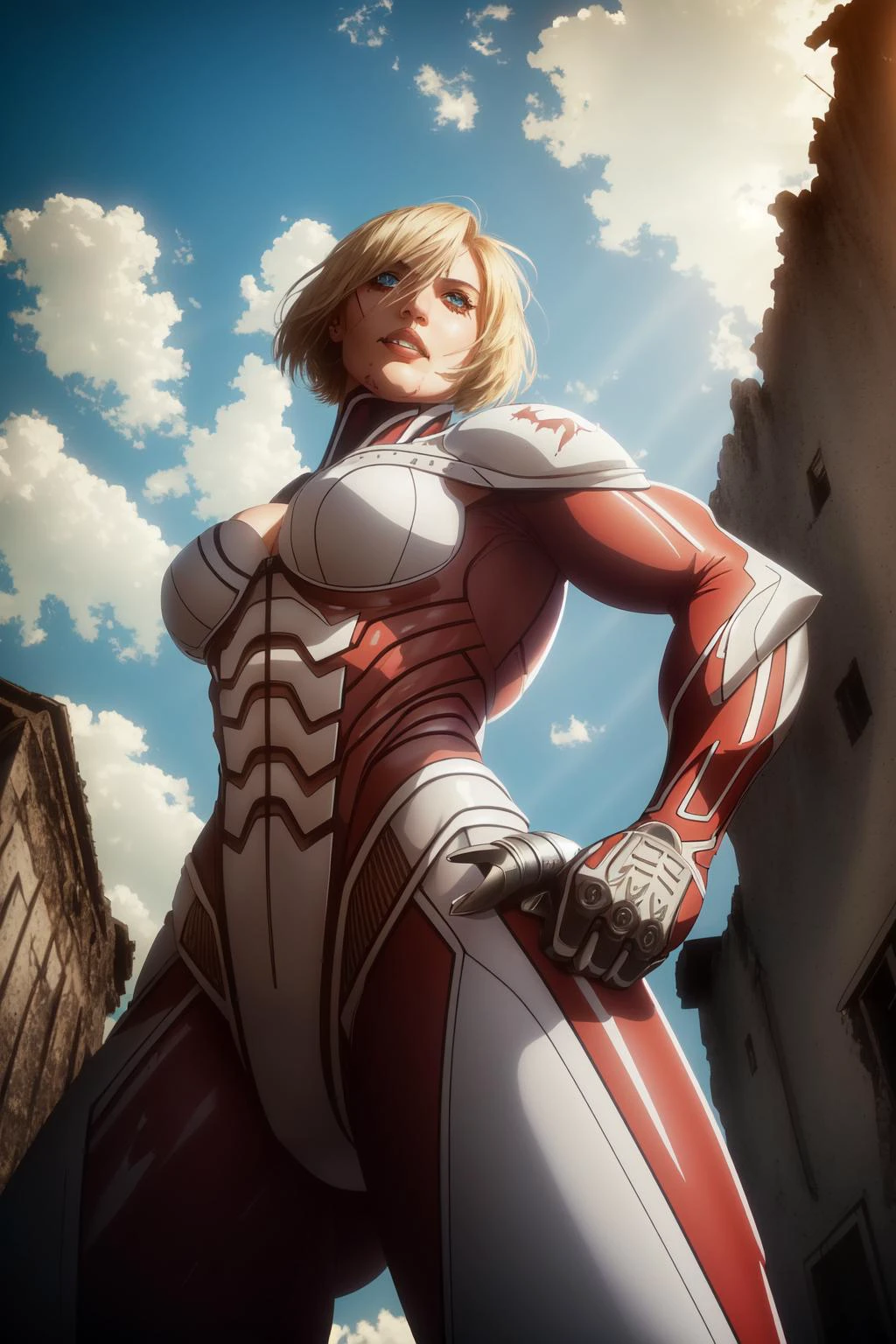 (masterpiece, best quality),  intricate details
 1girl,   female titan, blonde hair, short hair, blue eyes, teeth, scar, blood, giant, giantess, muscular, hands on hips, blue sky, cloud, view from below, ruined city