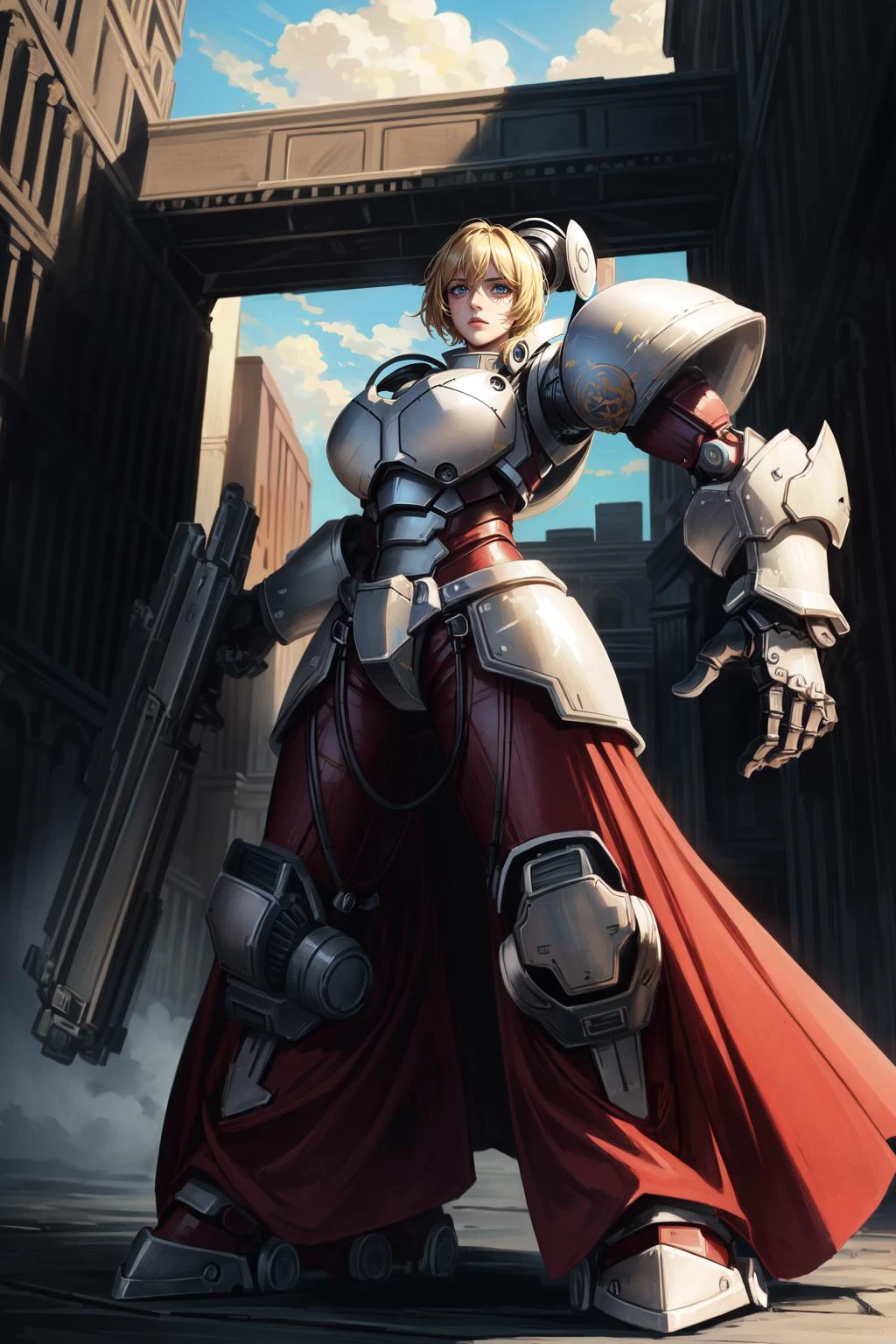 (masterpiece, best quality),  intricate details
1girl, 
 female titan,  [ballgown|Parrley_armor],  [dress|suit of armor], (big bulky futuristic armor:1.3), long skirt,
