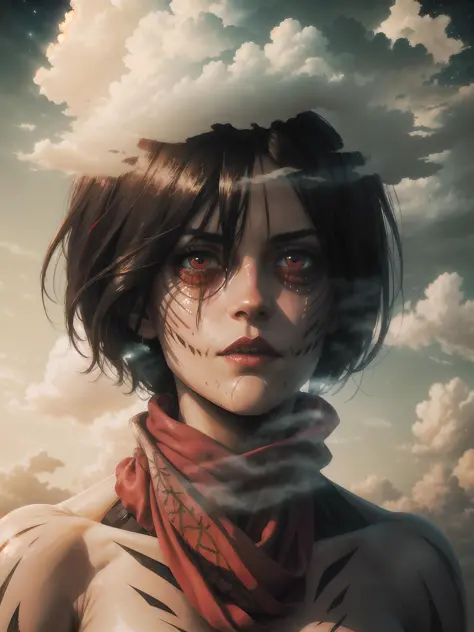 Ultra-realistic 8k CG, masterpiece, ((ultra-detailed background, delicate pattern, intricate details)), best quality, very detailed face, extremely detailed eyes and face, extremely detailed eyes,((best quality)), ((masterpiece)), (detailed), female titan,black hair, short hair, red eyes,(((red scarf))), horror beauty, perched on a cloud, (fantasy illustration:1.3), enchanting gaze, captivating pose, delicate scars, otherworldly charm, mystical sky, (Luis Royo:1.2), (Isayama Hajime:1.1), moonlit night, soft colors, (detailed cloudscape:1.3), (high-resolution:1.2) <lora:FemaleTitanV2:1> <lora:mikasa_ackerman_offset:0.1>,mikasa ackerman,(Yoshitaka Amano:1.1),blood, <lora:LAS:0.5>