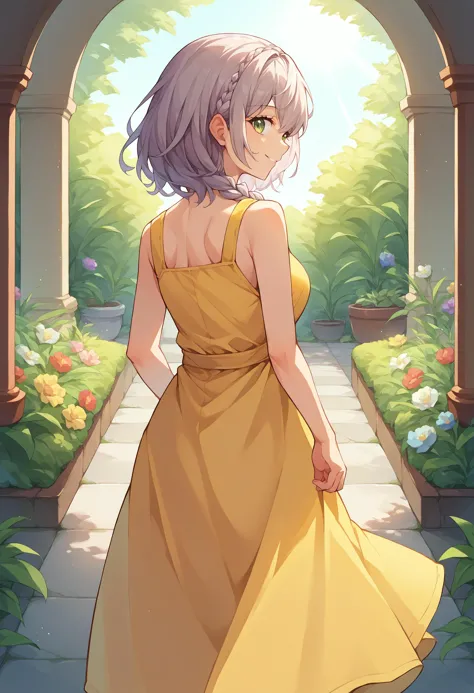 score_9, score_8_up, source_anime, 1girl, solo, ShiroganeNoel, medium hair, braid, from behind, yellow sundress, garden, day, sunshine, smile, looking back, <lora:ChamShiroganeNoelPonyXL:1>