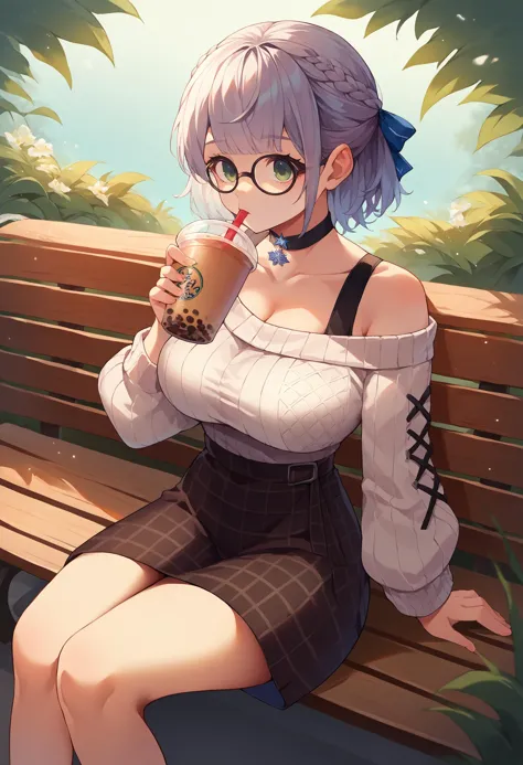 anime girl with glasses sitting on a bench drinking a drink