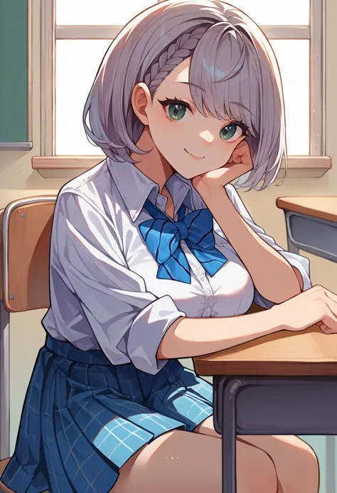 score_9, score_8_up, source_anime, 1girl, solo, NoelSchool, medium hair, braid, white shirt, collared shirt, blue bowtie, sleeves rolled up, shirt tucked in, blue skirt, plaid skirt, indoors, classroom, sitting, on chair, desk, arm rest, head rest, smile, <lora:ChamShiroganeNoelPonyXL:1>