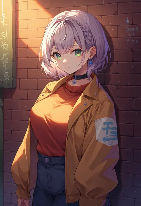 anime girl with short hair and orange shirt standing in front of brick wall