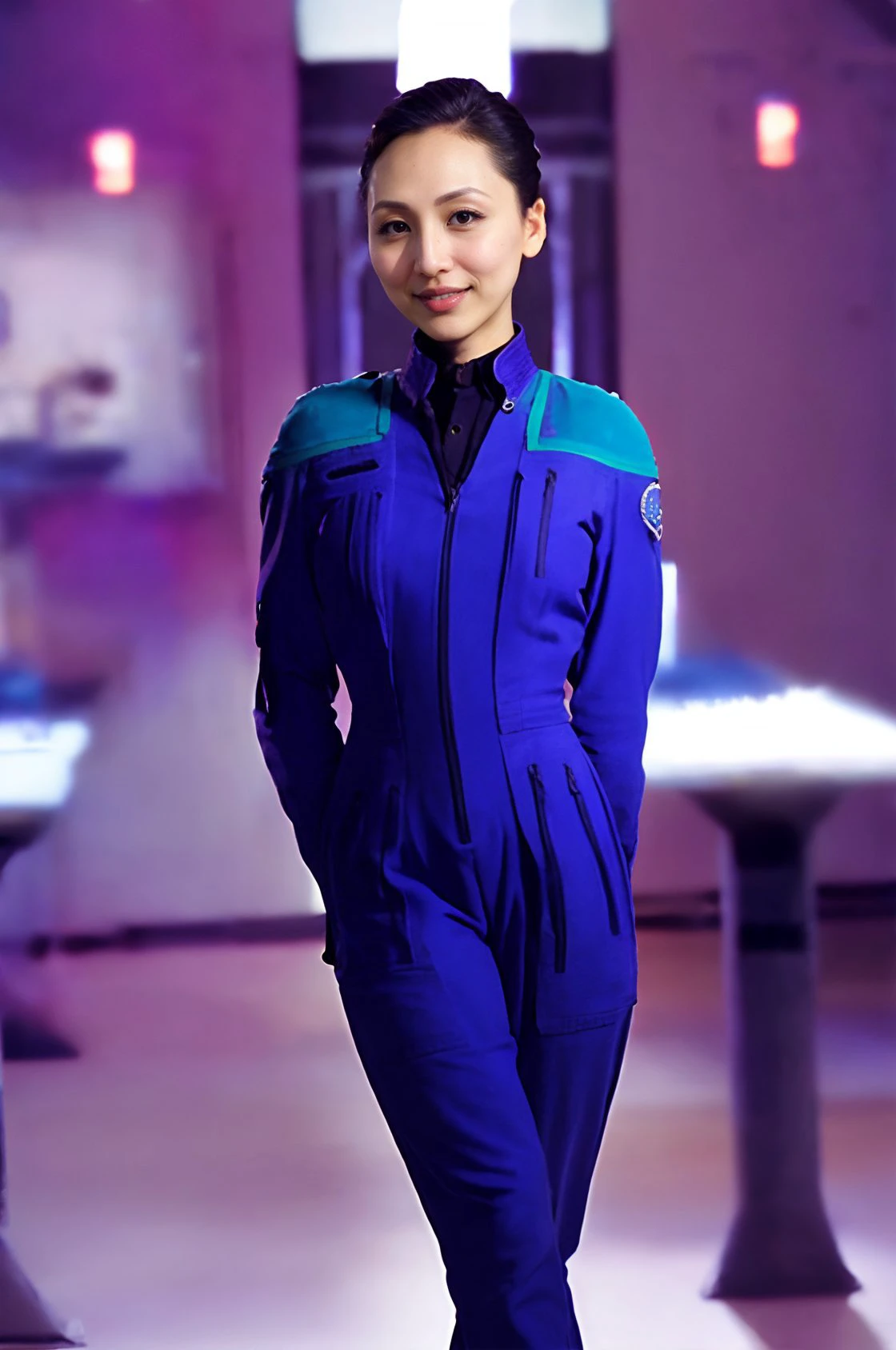 high quality photo of linda park  enterpriseuniform, blue jumpsuit, sciences division, teal piping on shoulders