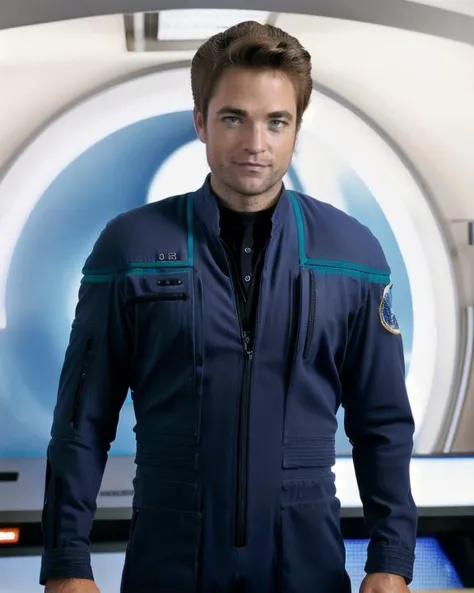 <lora:r0b3rtp4tt1ns0n:0.8>, man, light brown hair, portrait, half-length, standing, wearing enterpriseuniform, male fit, blue jumpsuit, teal piping on shoulders, sciences division, left sleeve patch, 3/4 view, raw photo, dark sci-fi starship interior background, <lora:enterpriseuniform_lora:0.9>