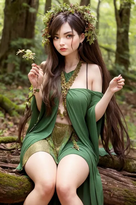 angry greek dryad in the forest. poison oak. highly detailed face, eyes, hair. sitting in her tree. clothes made from leaves and...