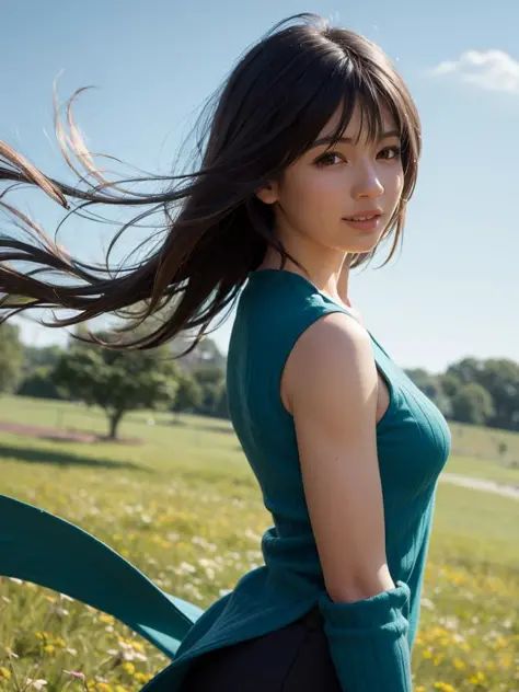masterpiece, realistic, hyperrealistic, best quality, rinoa, long hair, black hair, arm warmers, sleeveless coat, black shirt, blue skirt, arm ribbon, upper body, from side, (smile), <lora:rinoa-nvwls-v1:0.9>, wind, RAW photo, delicate, (intricate details:1.3), hyper detail, finely detailed, colorful, dark shadow, 1girl, solo, 8k uhd, film grain, (photorealistic:1.3), (detailed skin:1.2), beautiful detailed eyes, skin textures, sun light, grassland, flowers, (petals in sky, falling petals,)