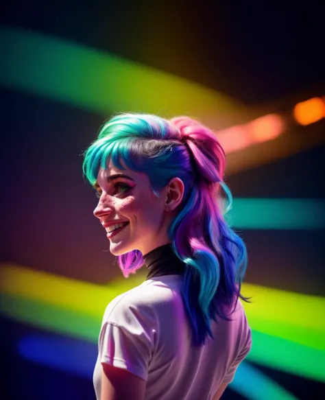 1woman, on stage, singing, rock show,rainbow colored hair, pixie cut,dark eye liner,freckles,smile,bright sunlight from behind, ...