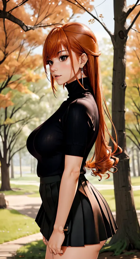 anime girl with red hair and black dress posing in a park