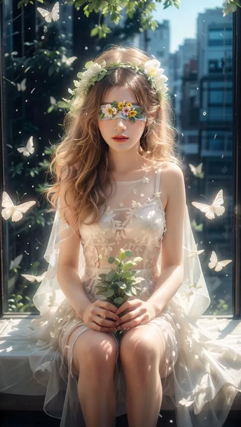 a woman sitting on a window sill with a flower crown