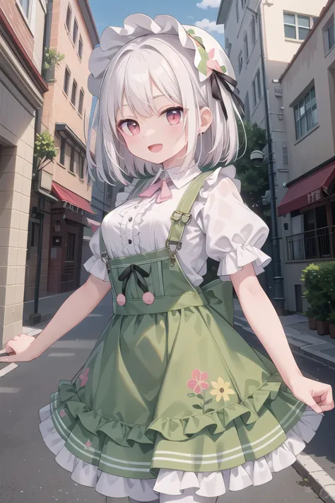 anime girl in green dress with white rabbit on street