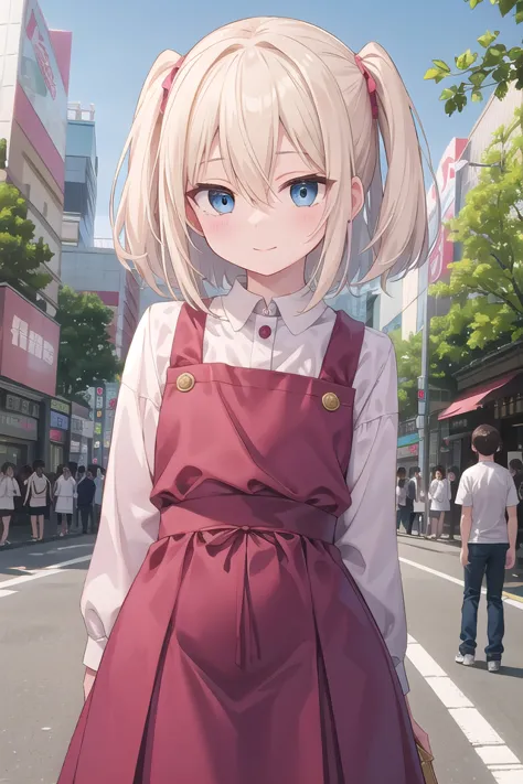 anime girl in a red dress standing on a street corner