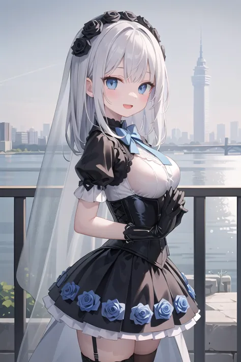 anime maid with a veil and a dress on standing in front of a railing