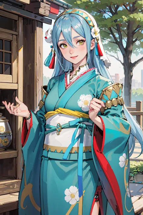 upper body,smile,<lora:azura:0.8>,nw_azura, japanese clothes,kimono, obi, sash, wide sleeves, tabi, looking at viewer, sandals, long sleeves, hairband, hair ornament, floral print,shrine,outdoor,(masterpiece, best quality, ultra-detailed, best shadow)